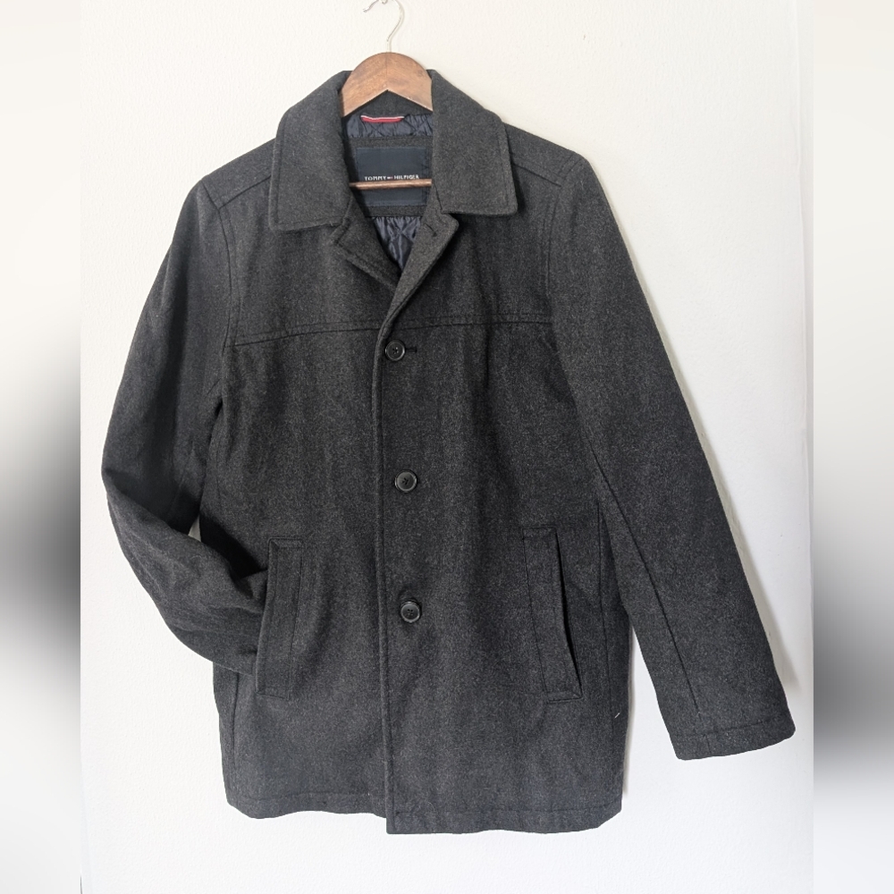 Tommy Hilfiger Black Pea Coat Wool Blend Structured Shoulders